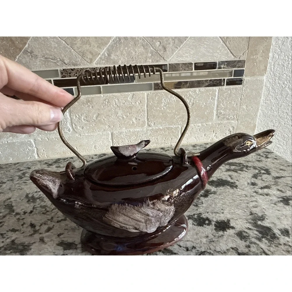 Vintage 1950's Redware Bird Shaped Teapot with Metal Spirl Handle 10in Long